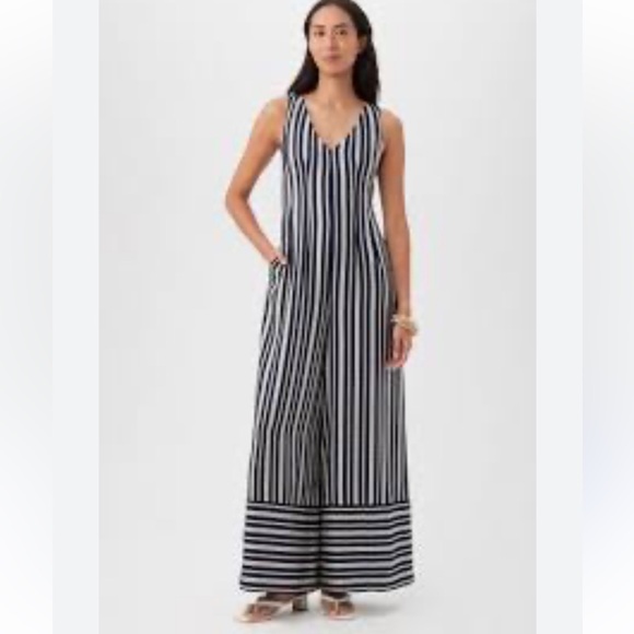 Trina Turk Schooner Indigo Whitewash Striped Jumpsuit Womens Size S Coastal Prep - Picture 1 of 6